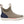 Tan and navy ankle rain boot with white rubber sole and brown pull tabs