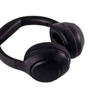 Black wireless over ear headphones with padded ear cups