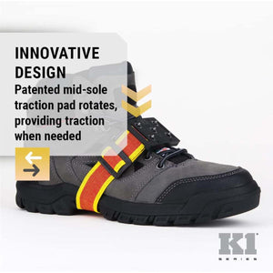 K1 Series boot with a patented rotating mid-sole traction pad and high visibility straps