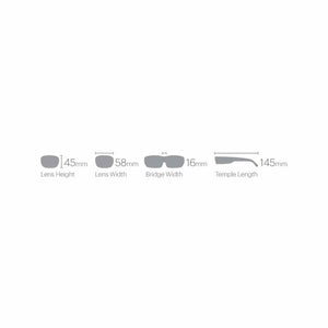 Diagram showing eyewear dimensions including lens height 45mm lens width 58mm bridge width 16mm and temple length 145mm