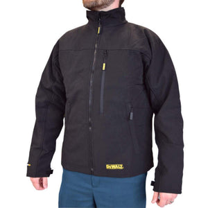 DeWalt black softshell work jacket with front zipper and chest pocket