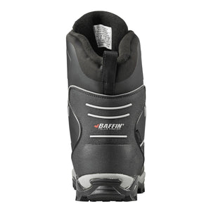 Rear view of a black Baffin winter boot showing the heel detail and brand logo