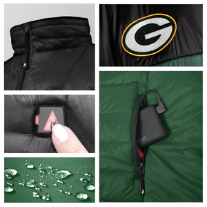ActionHeat jacket features including Green Bay Packers logo, power button, battery pack, and water resistant fabric