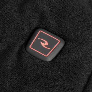 Black square power button with red R logo on black fabric