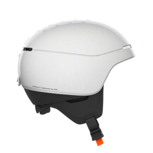 Side view of a white POC ski helmet with black lower shell and orange chin strap buckle