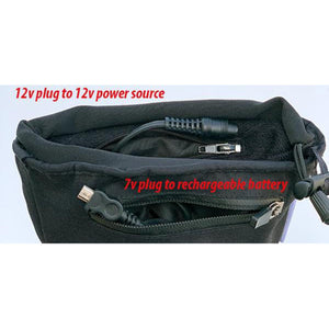 Volt Heat pouch showing 12v power source plug and 7v rechargeable battery plug