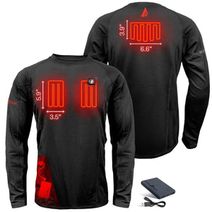 ActionHeat black long sleeve shirt showing heating element dimensions and battery pack