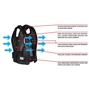 Maxx-Dri vest features with labeled technical specifications for ventilation and adjustable straps