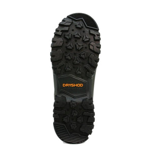 Black Dryshod boot outsole with deep tread pattern and orange logo
