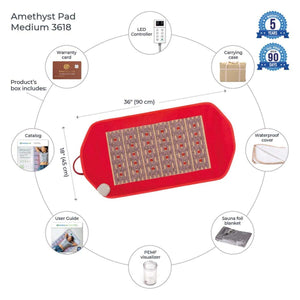 HealthyLine Amethyst Pad Medium 3618 with included accessories and dimensions
