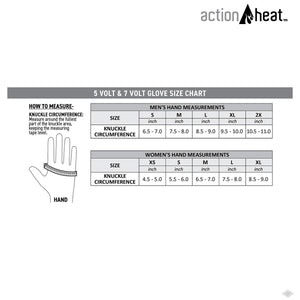 ActionHeat glove size chart for men and women showing knuckle circumference measurements in inches