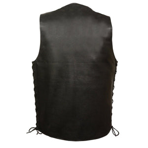Back view of Milwaukee Leather black leather vest with side lace detailing