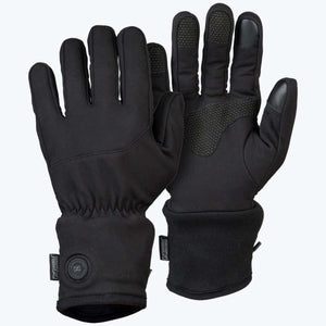 Mobile Warming black heated gloves with textured grip palms and power button on cuff