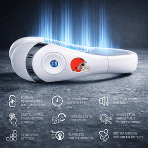 AlphaCool wearable bladeless neck fan with Cleveland Browns logo and feature icons