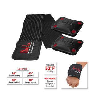 Black Ice cooling wrap with two ice packs and size chart showing lengths for wrist elbow knee and ankle