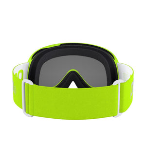Neon green ski goggles with grey lens and white strap