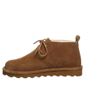 Bearpaw brown suede lace up ankle boot with shearling lining and flat rubber sole