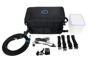 CompCooler personal cooling system kit with black bag, hoses, power adapter, and straps