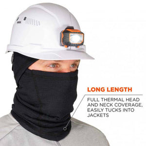 N-Ferno black thermal balaclava worn under a white hard hat with a headlamp