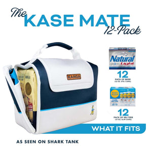 Kanga Coolers Kase Mate 12 pack cooler showing capacity for standard beer and slim seltzer cans