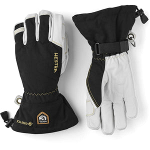 Hestra black and white Gore-Tex ski gloves with adjustable wrist straps