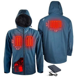 ActionHeat blue hooded jacket showing heating element locations and dimensions with included power bank
