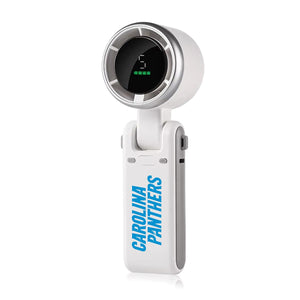 White handheld fan with digital display and Carolina Panthers logo