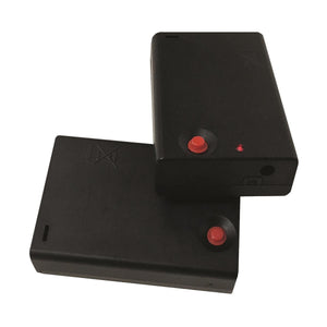Two black rectangular battery packs with red buttons and indicator lights