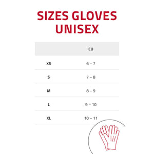 Unisex glove size chart showing EU measurements for sizes XS to XL