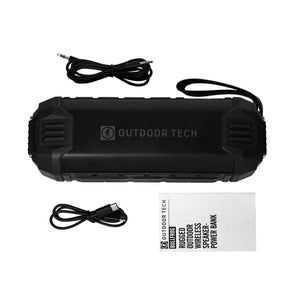 Outdoor Tech Bullfrog rugged wireless speaker with charging cables and user manual