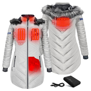 ActionHeat white puffer jacket showing heating element locations and battery pack