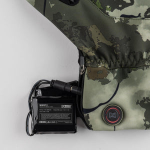 Mobile Warming battery pack connected to a camouflage heated glove