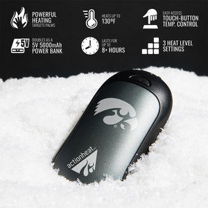 ActionHeat hand warmer features including 130 degree heat, 5000mAh power bank, and three heat settings