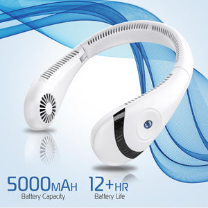 White wearable neck fan with 5000mAh battery capacity and 12 plus hour battery life