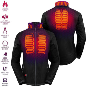 Aheata heated jacket showing front and back heating elements with feature icons