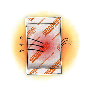 Grabber hand warmer packet with heat radiating arrows