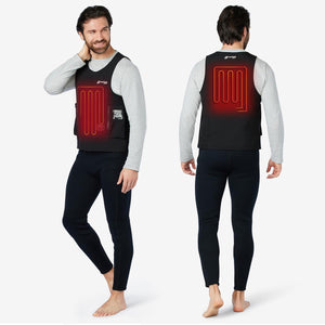 Man wearing a Venture Heat black heated vest showing front and back heating elements