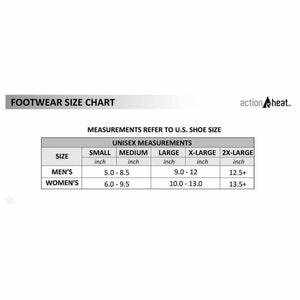 ActionHeat footwear size chart showing US shoe size measurements for men and women by size category
