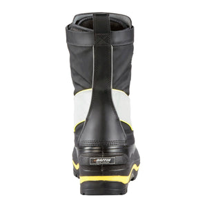 Back view of a black Baffin winter boot with yellow accents and reflective strip