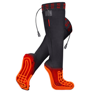 Pair of black knee high heated socks with visible orange heating elements in the foot area and power cables