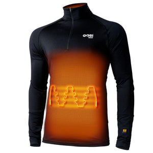 Gobi Heat black long sleeve quarter zip base layer with glowing orange heating elements on the chest