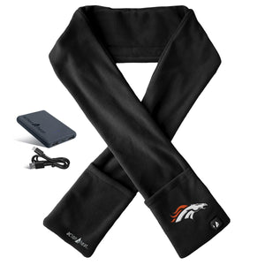 ActionHeat black fleece scarf with Denver Broncos logo battery pack and charging cable