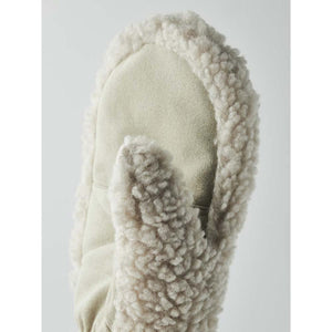 Light green suede mitten with cream colored sherpa lining