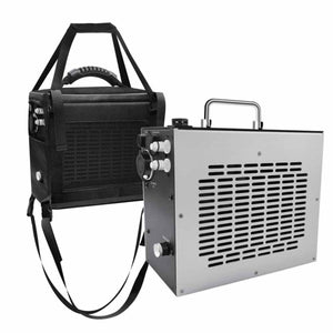 Portable water chiller unit with a black carrying bag and metal cooling device