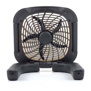 Black portable box fan with a square frame and folding base