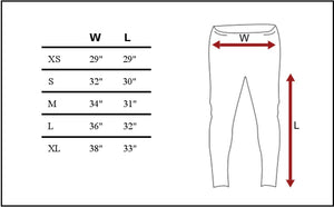 Glovii size chart for pants showing waist and length measurements for sizes extra small to extra large