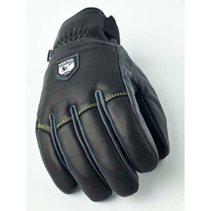 Black Hestra leather glove with yellow stitching details