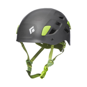 Black Diamond climbing helmet in grey with lime green accents