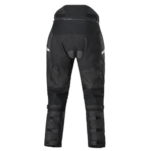 Black motorcycle riding pants with adjustable leg straps and reinforced seat