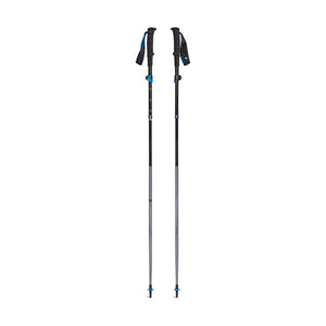 Black Diamond trekking poles with black and blue handles and adjustable shafts